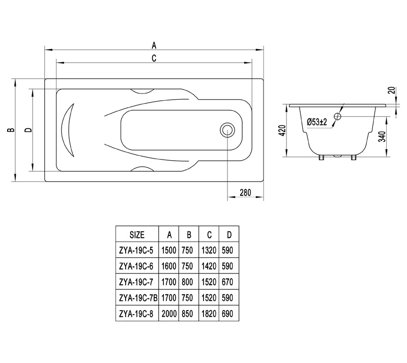 Casting pillow Built In Cast Iron Bathtub ZYA-19