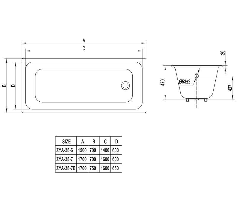 DEEP SIZE Drop In Cast Iron Bathtub ZYA-38