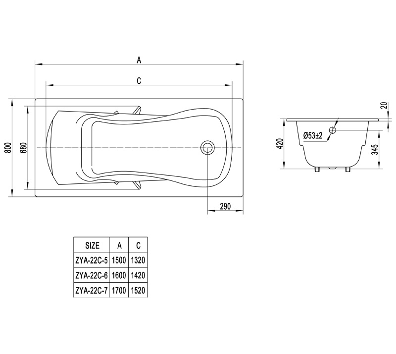 Casting pillow Drop In Cast Iron Bathtub ZYA-22
